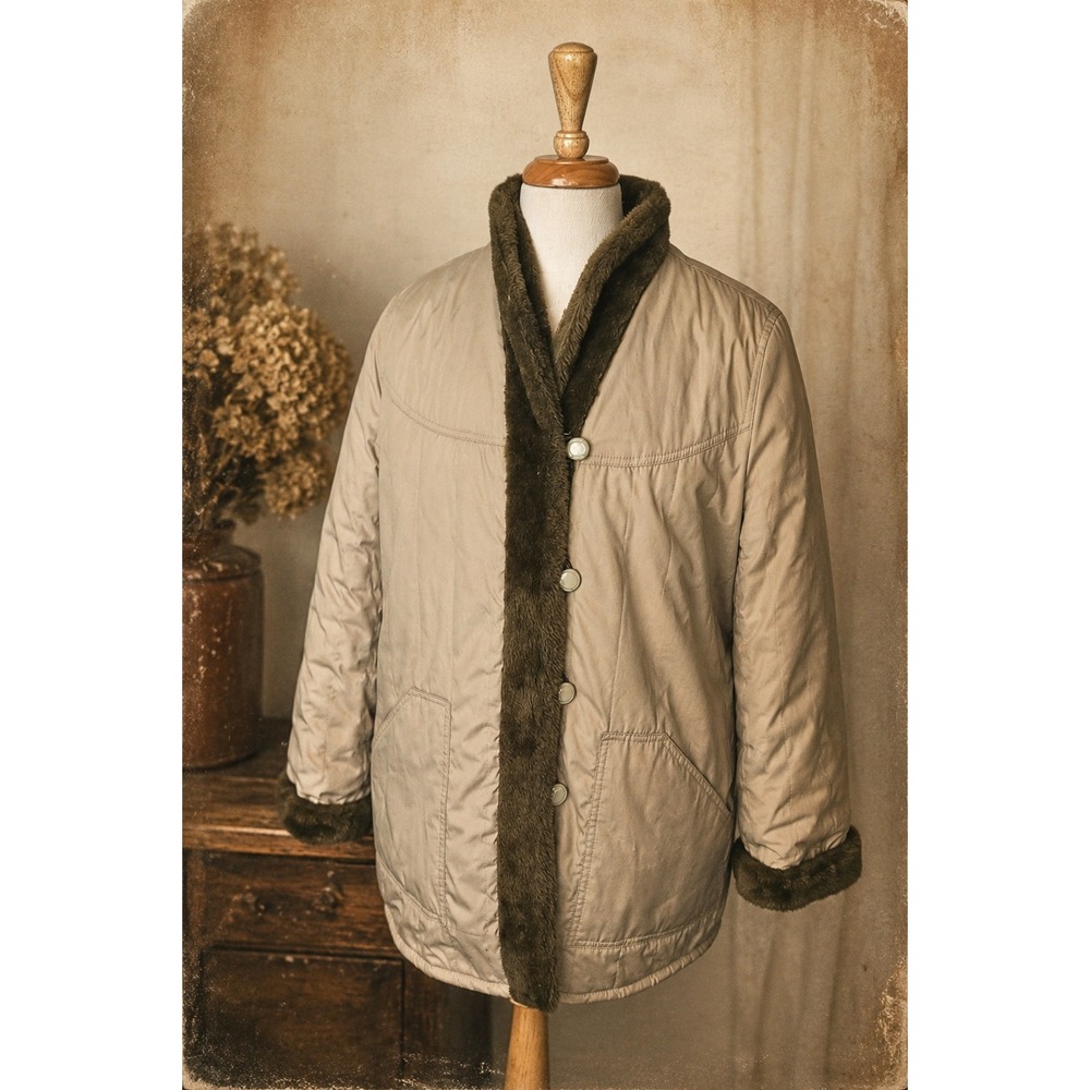 Vintage Canadian Faux Fur Lined Winter Coat‎ Taupe Cozy Cabincore XL GrandmaCore